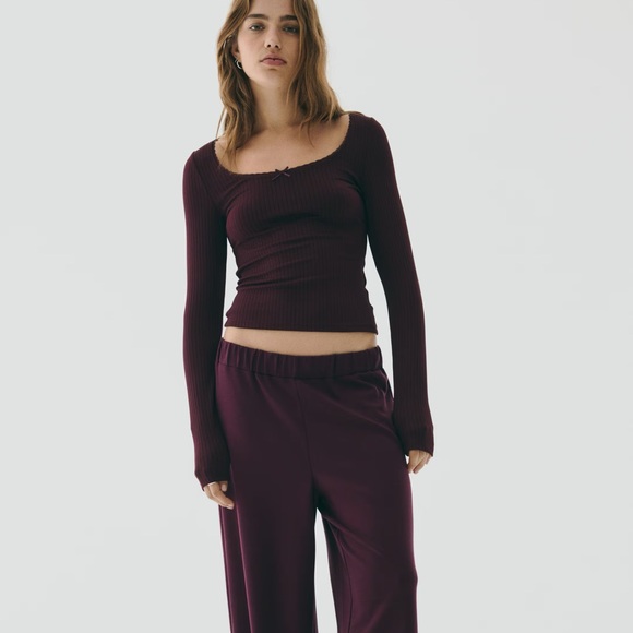 H&M RIBBED JERSEY TOP Burgundy Size XS - Picture 3 of 7